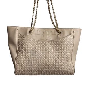 Tory Burch Bryant light pink embroidered quilted floral tote bag